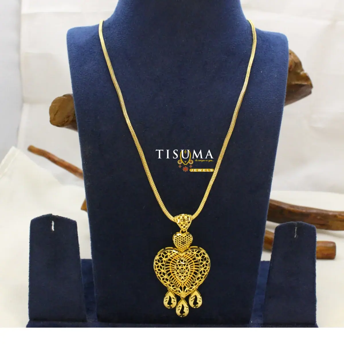 Traditional South Indian Gold Plated Royal Filigree Openwork Heart Dollar Pendant with Textured Chain and Hanging Charms for Women